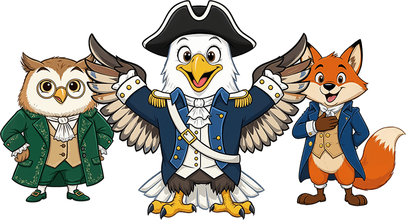 Franklin the Owl, Liberty the Eagle, and Jefferson the Fox